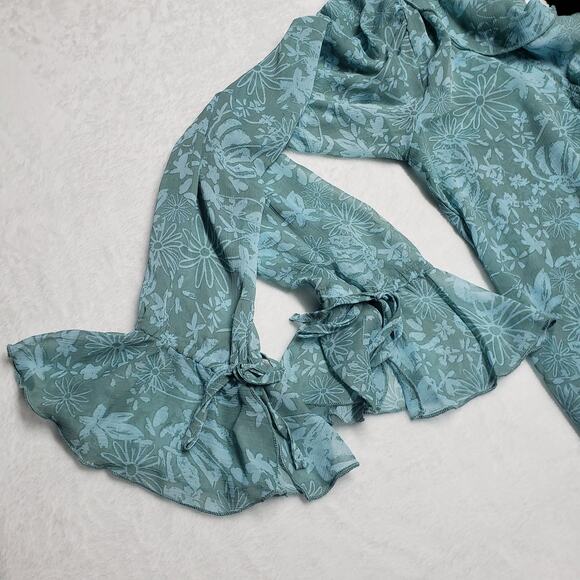 Wild Fable Sheer Floral Kimono Cardigan Light Blue, Ruffle Tie Front, Size Small - Picture 6 of 11